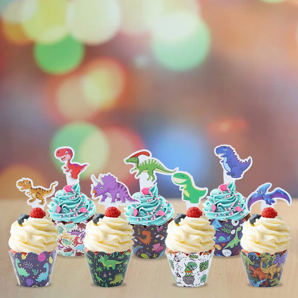48 Pieces Dinosaur Cupcake Toppers And Wrappers, Cartoon Dino For Boys Girls Kids Birthday Party Baby Shower Jurassic Park Theme