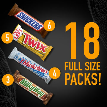 Snickers, Twix, Milky Way, 3 Musketeers, Full Size Halloween Candy Bar Variety Pack, 33.31Oz/18 Pack