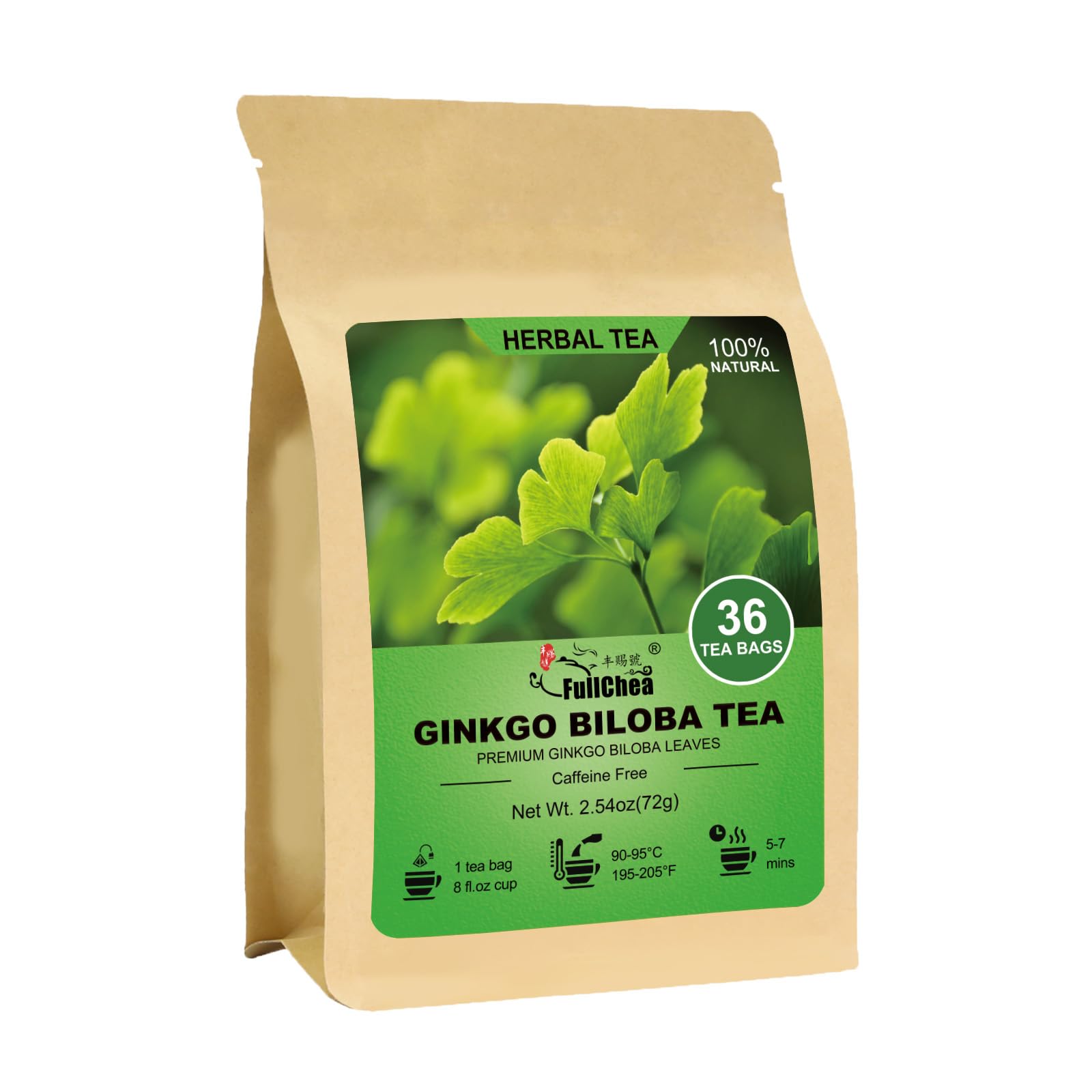 FullChea Ginkgo Biloba Tea Bags - Premium Dried Leaves, Caffeine-free, Non-GMO, 36 Count