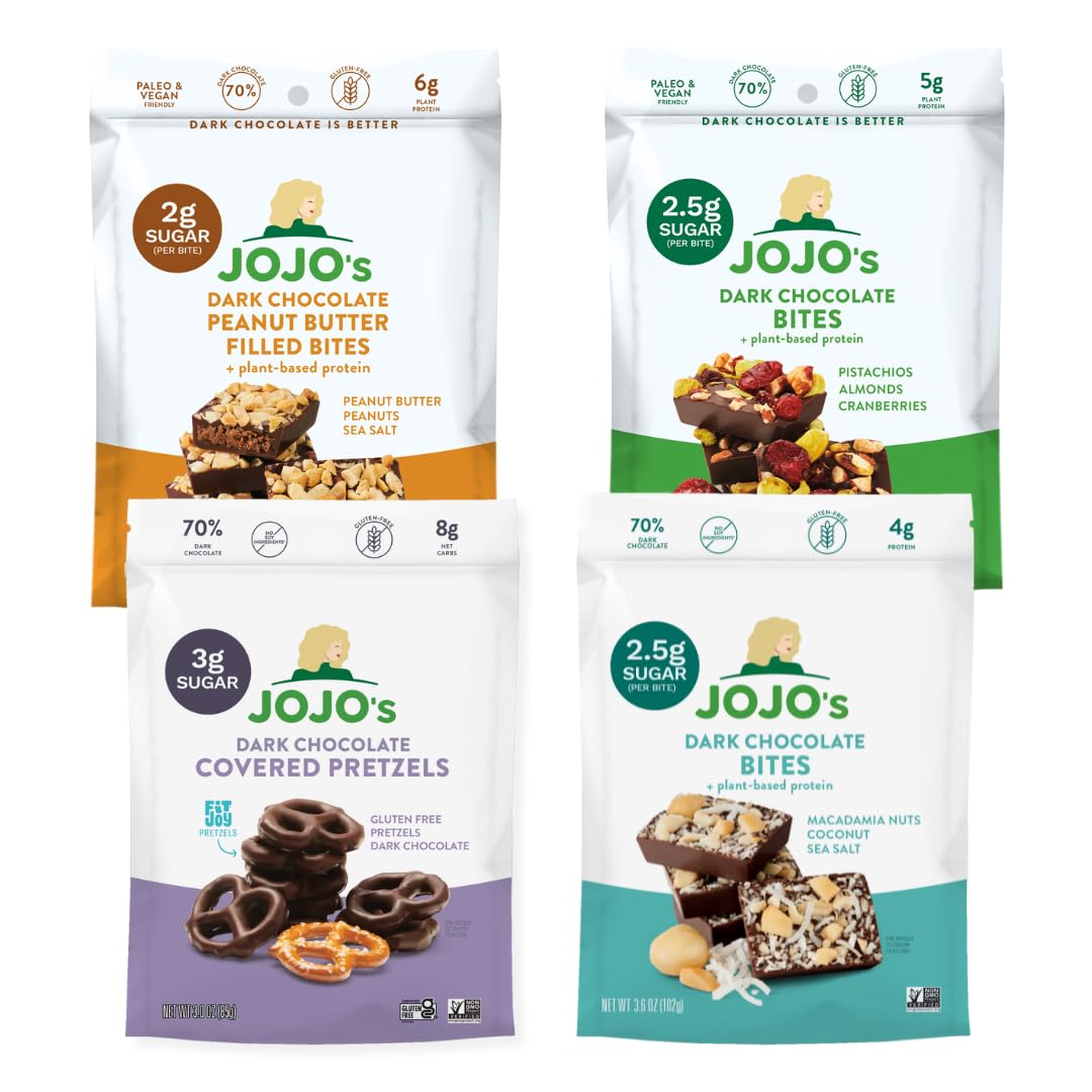 JOJO's Dark Chocolate Variety Pack, Healthy Snack, Low Sugar, Low Carb, Gluten Free, Non GMO, Paleo & Keto Friendly, Made with P