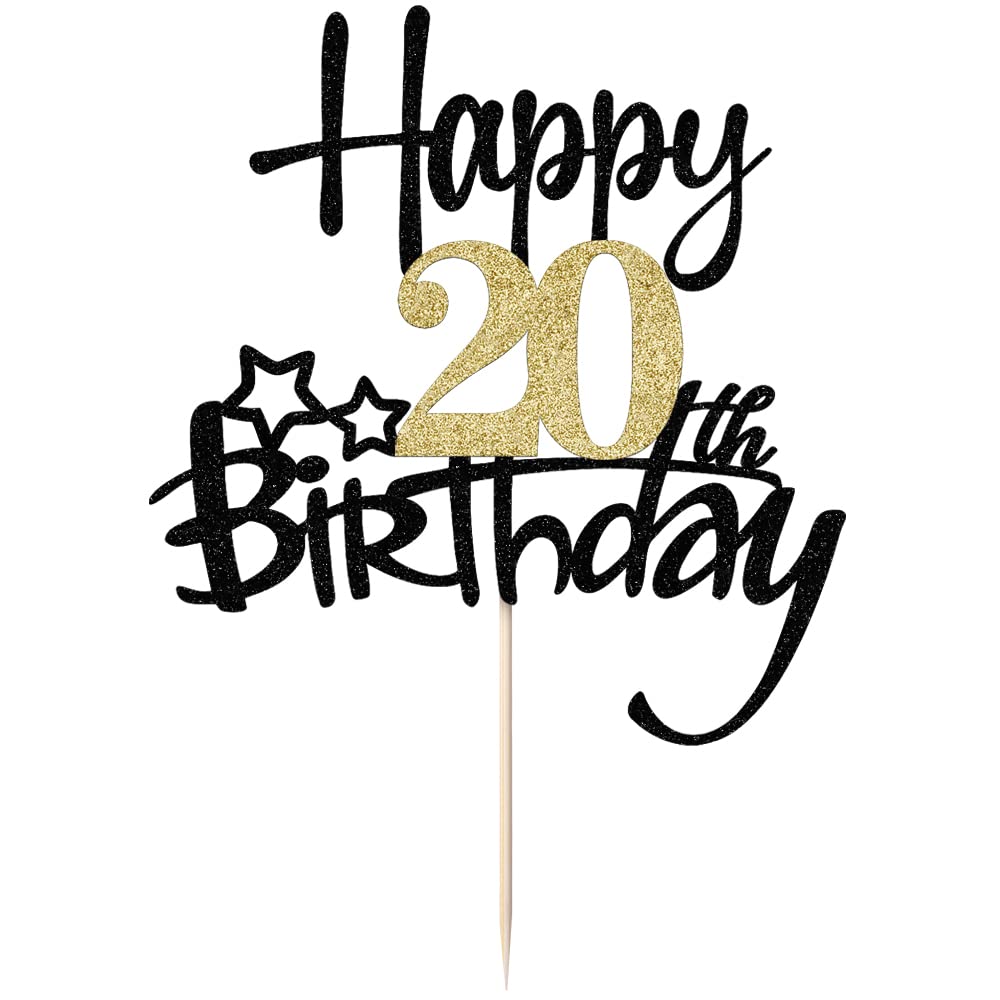 Kaoenla Black Gold Glitter Happy 20Th Birthday Cake Topper - Hello 20/Cheers20,Happy Twenty Birthday Anniversary,20 Years Old Bi