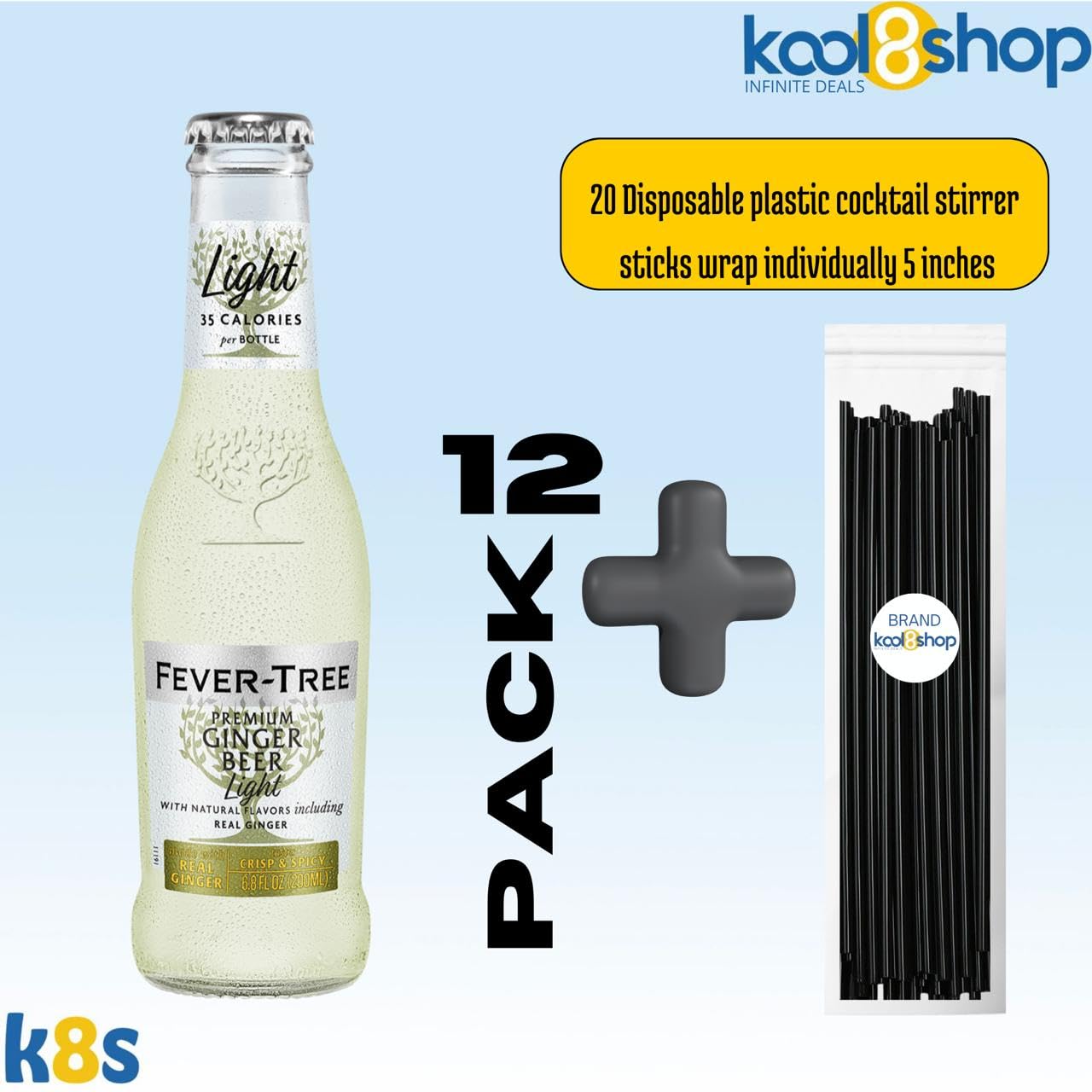 Fever-Tree Ginger malt-inspired Light Premium Mixer 12 Pack with 20 Plastic Stirrer Sticks