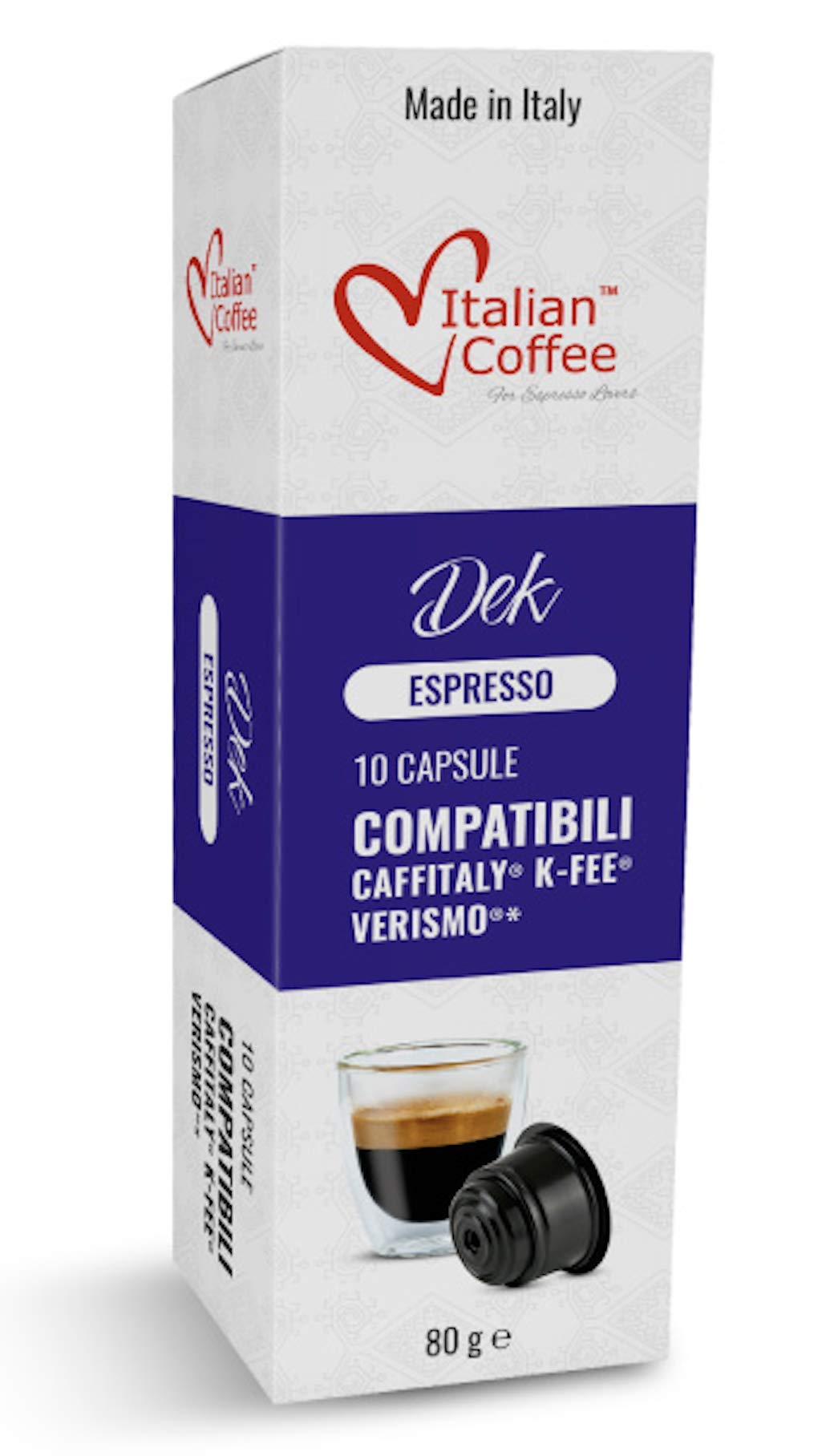 Italian Coffee Decaffeinated Espresso Capsules for Starbucks Verismo, CBTL, Caffitaly, K-fee - 80 Pods DEK Blend