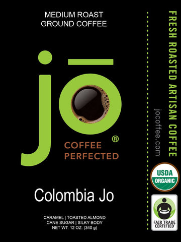 Jo Coffee Colombia Jo Organic Ground Gourmet Coffee, Medium Roast, 12 oz, Fair Trade, USDA Organic, 100% Arabica, Gluten Free