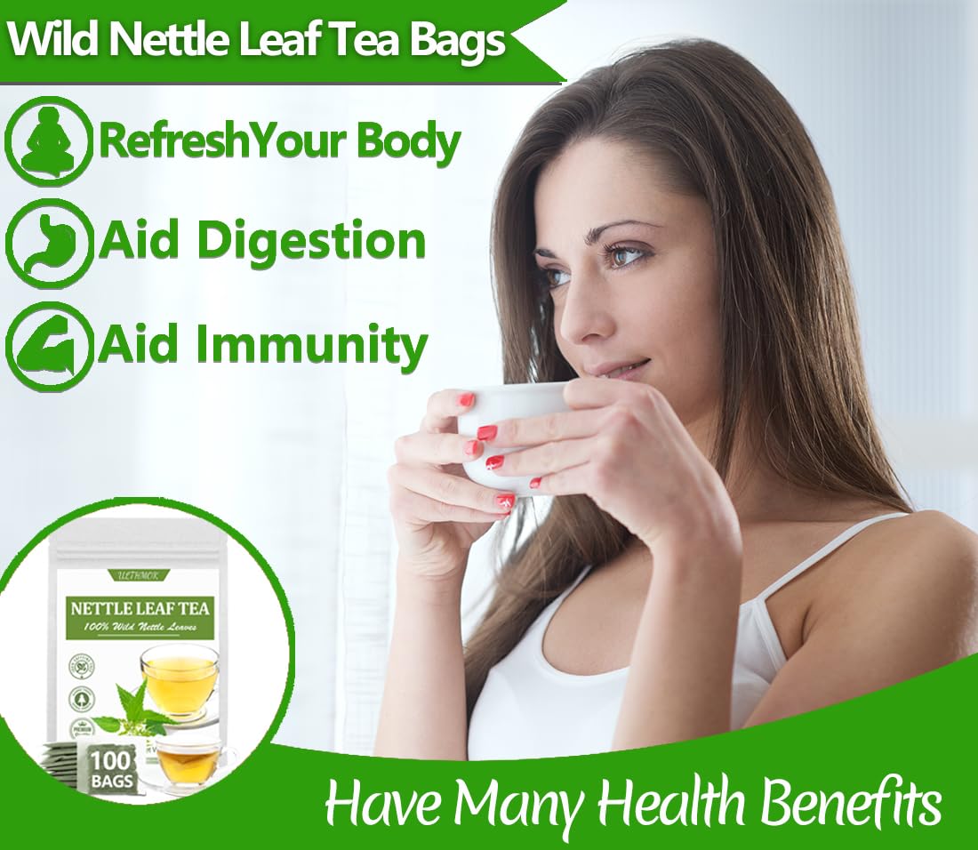 ULTHMOK Premium Stinging Nettle Leaf Tea Bags, 100% Wild Nettle Leaves, Caffeine Free, 100 Count