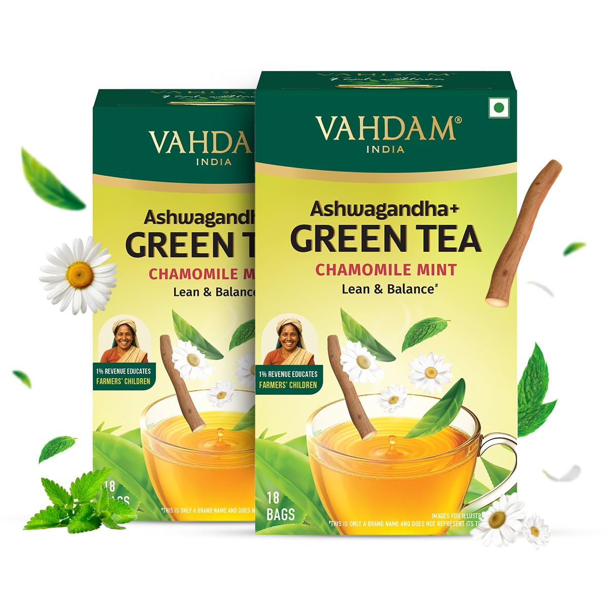 Vahdam, Chamomile Mint Green Tea With Ashwagandha  36 Teabags | Lean & Balance | Individually Wrapped | Blend Of Green Tea, Cha