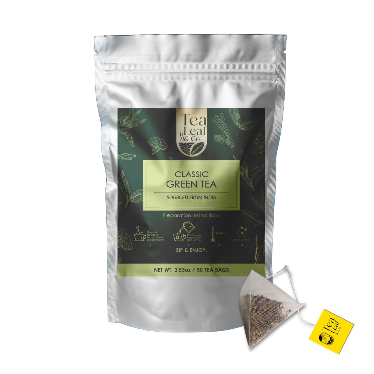 Tea Leaf & Co. Classic Green Tea Bags, Organic Herbal Tea, 50 Pyramid Bags, Low Caffeine, Gluten Free, 3.53oz/100gm