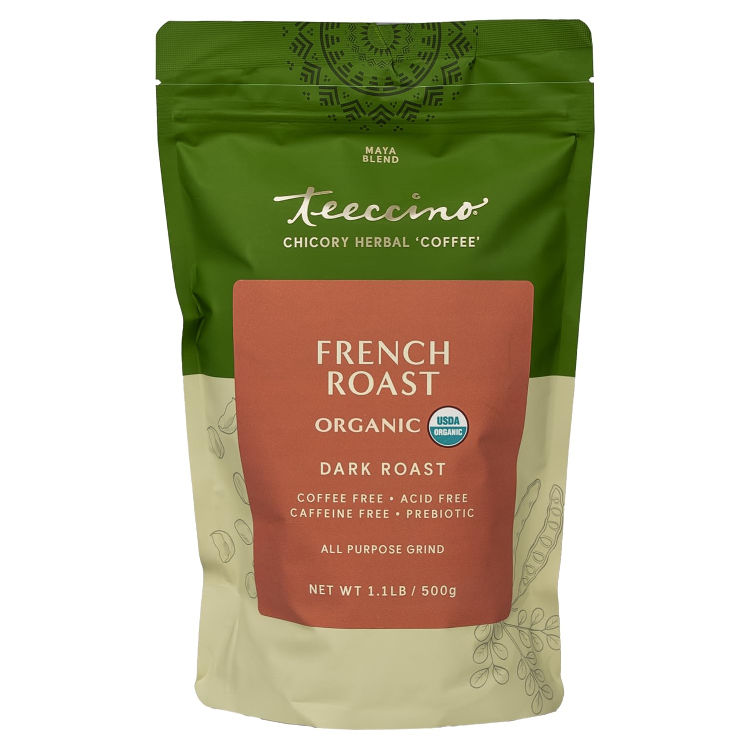 Teeccino French Roast Chicory Coffee Alternative, Caffeine-Free, Dark Roast, 1.1 Pound