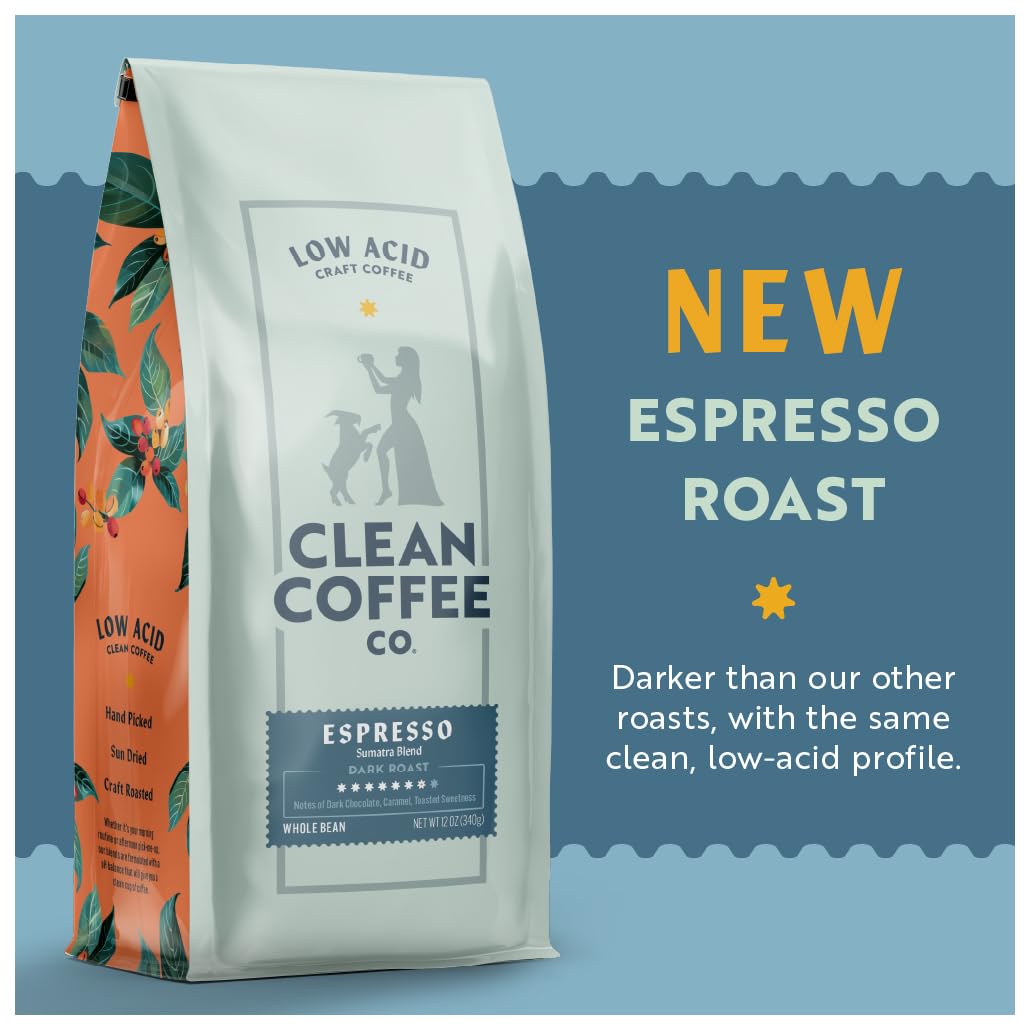 Clean Coffee Co. - Low Acid Espresso Roast  Tested for Molds and Toxins  Sumatra Blend  Notes of Dark Chocolate  Caramel  Toasted Sweetness (Whole Bean  12 oz Bag)