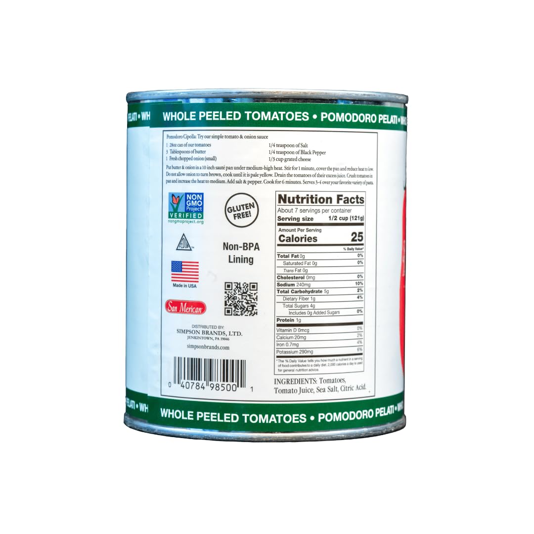 SMT San Merican Tomato Whole Peeled Tomatoes, 28oz (Pack of 6) - Grown in the USA, 1.75 lb Total Weight