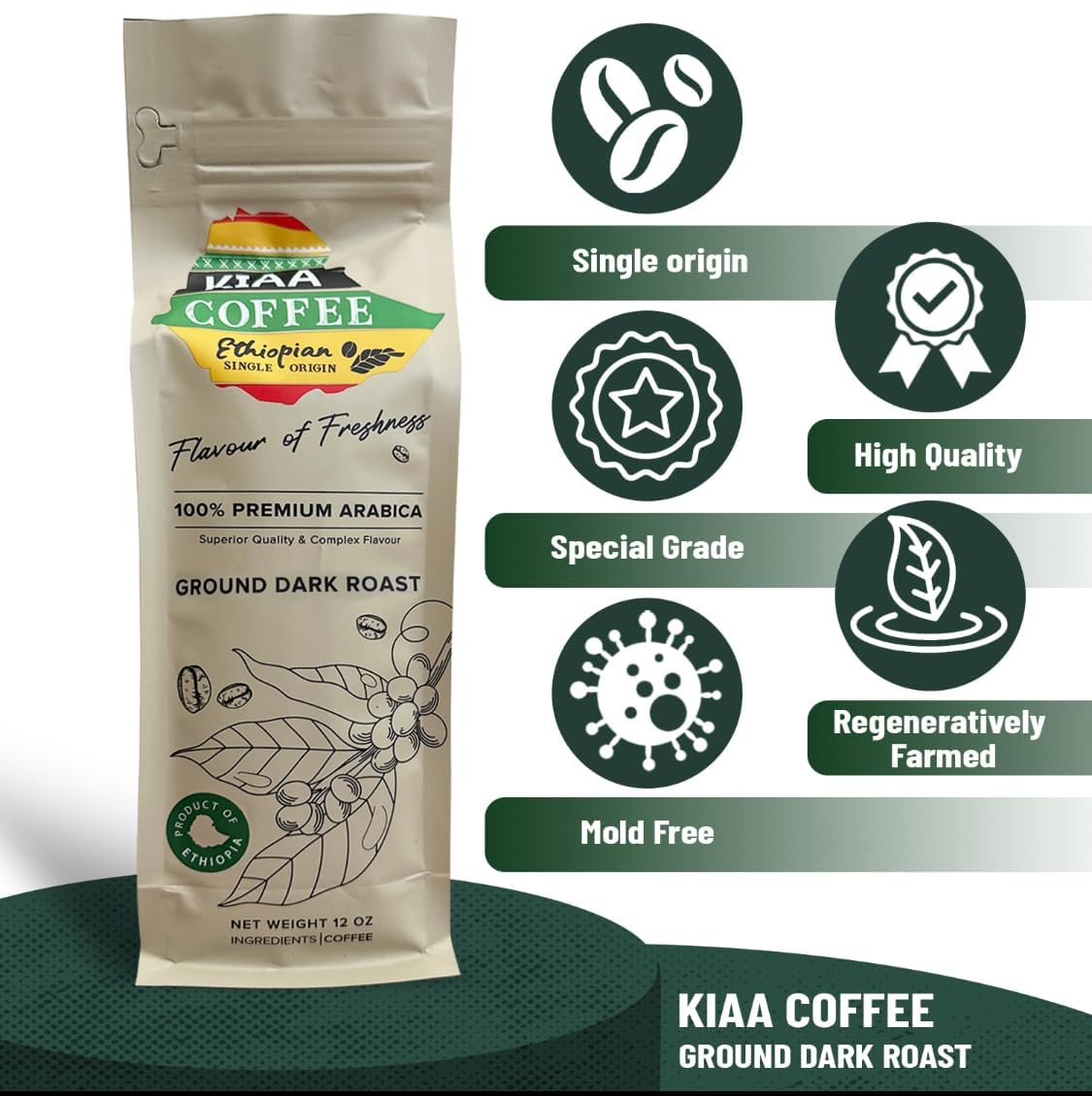 Kiaa Ethiopian Enhanced Ground Dark Roast - 12Oz, 100% Organic Arabica, Full-Bodied Bold Flavor, Rich & Smooth, Perfect For Espresso, French Press & Drip Brewing, Freshly Roasted