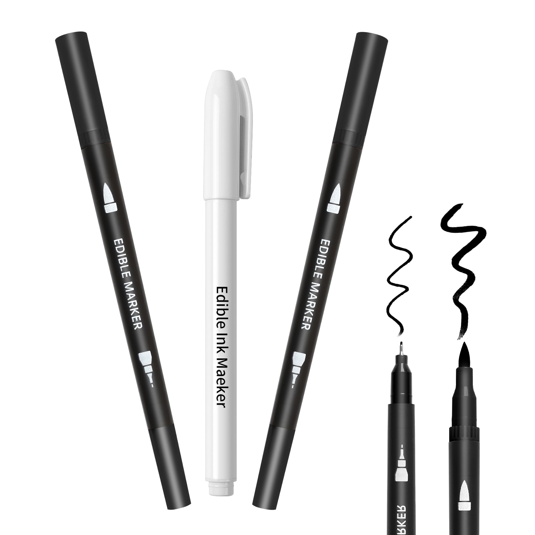Edible Markers 3Pcs Black & White Food Coloring Pens Food Markers with Fine & Thick Tip Double Sided Edible Pens for Cookie Deco
