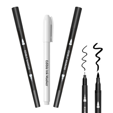 Edible Markers 3Pcs Black & White Food Coloring Pens Food Markers with Fine & Thick Tip Double Sided Edible Pens for Cookie Deco