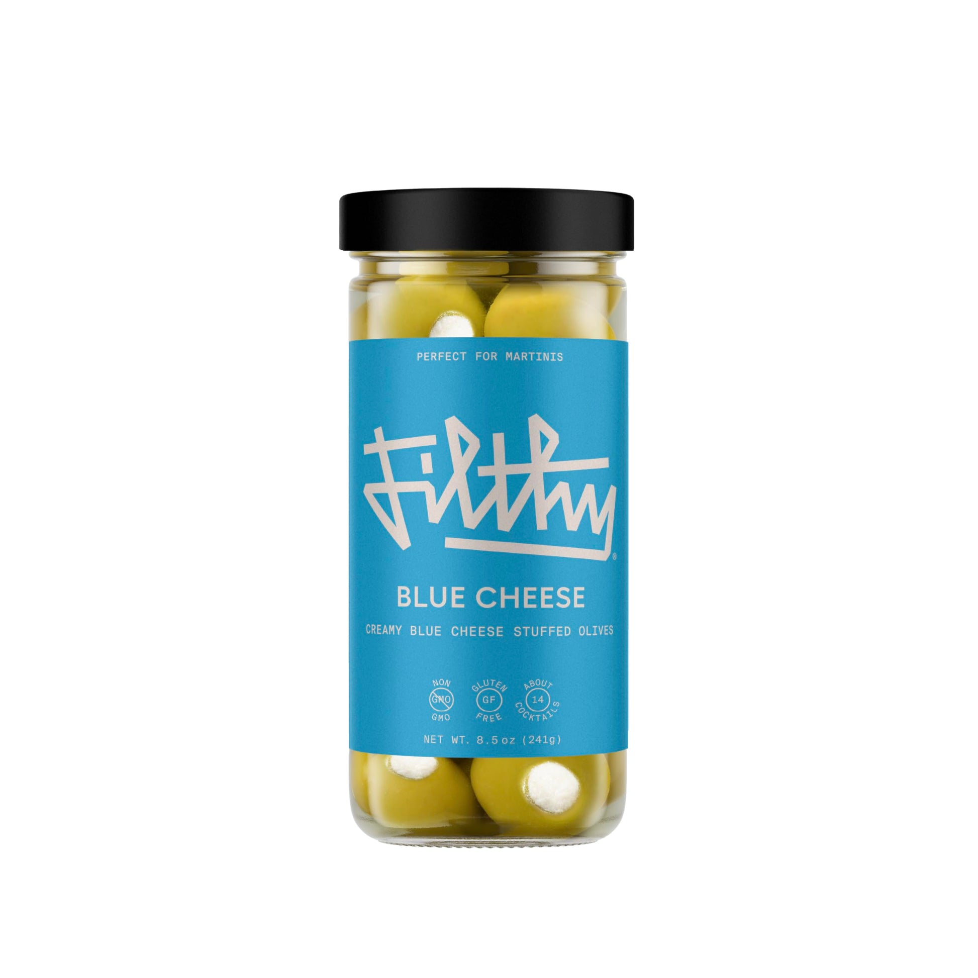 Filthy Food Blue Cheese Stuffed Olives, Premium Cocktail Garnish, 8.5 Oz Jar, Naturally Cured Queen Olives