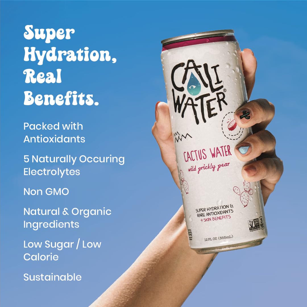 Caliwater - Organic Cactus Water - Wild Prickly Pear - 5G Sugar, 25 Calories - Coconut Water Alternative - Natural Plant Based Hydration - Skin Care, Electrolyte Drinks - Flavored Water - 12 Cans