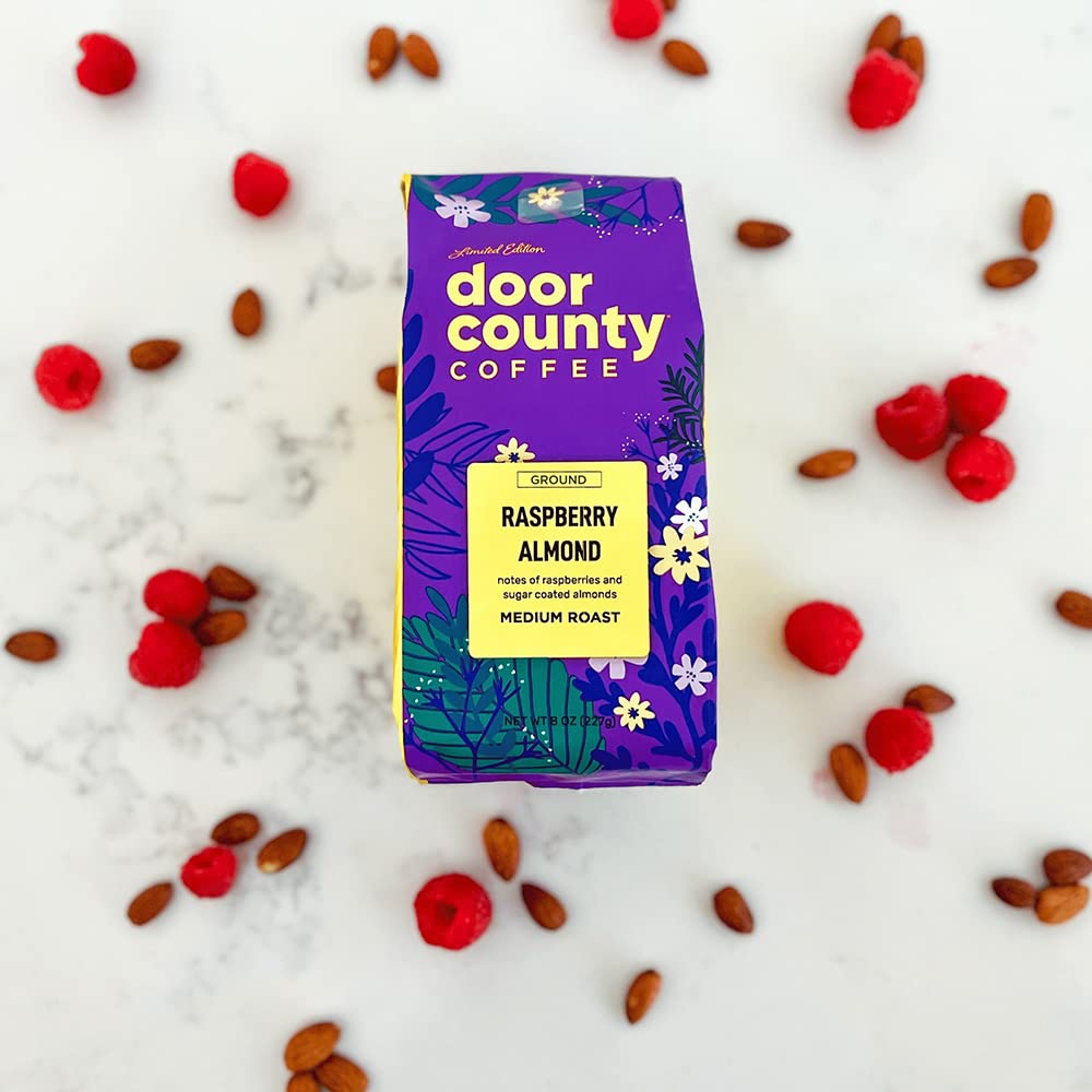 Door County Coffee Raspberry Almond, Flavored Coffee Ground | 8 Oz Bag | Spring-Summer Seasonal | Medium Roast | 100% Specialty