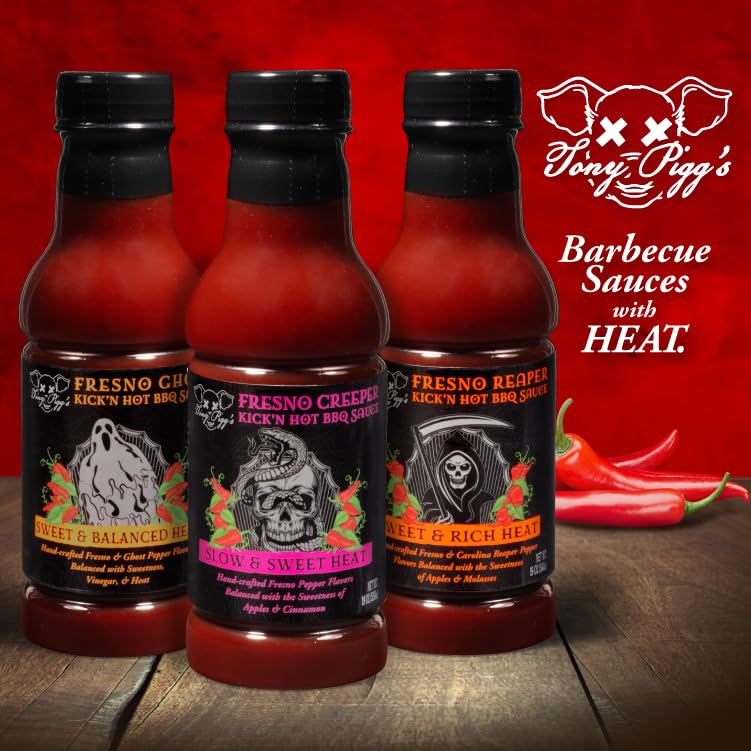 Tony Pigg'S Kick'N Hot Bbq Sauce Value Pack (3 Pk, 19Oz Ea- Fresno Reaper, Ghost, Creeper)- Hand Crafted Barbecue Sauce W Fresh Pepper Heat -Great For Thanksgiving Turkey Dinner- Grilling Gift For Men