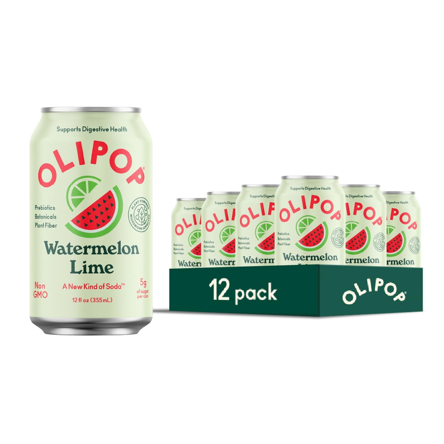 OLIPOP Prebiotic Soda, Watermelon Lime, Gluten Free, Vegan, 12oz (Pack of 12), Natural