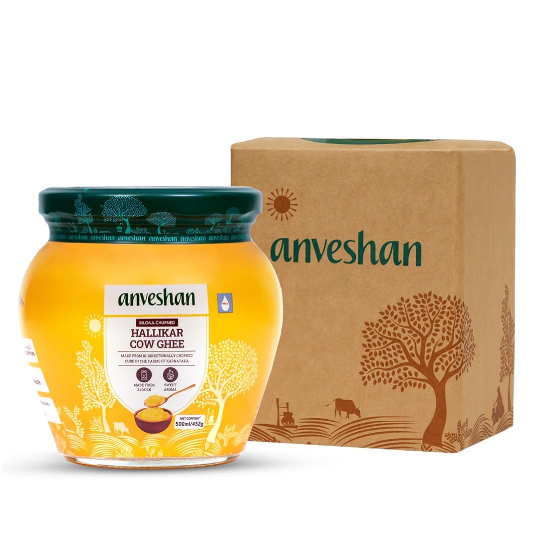 Anveshan A2 Cow Ghee 500Ml | Glass Jar | Bilona Method | Curd-Churned |Pure, Natural & Healthy | Lab Tested