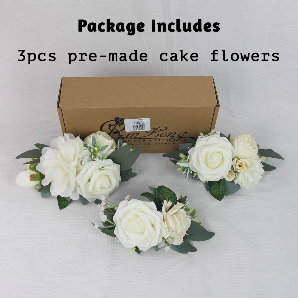 Rinlong 3Pcs Pre-Made Cake Toppers White Flowers Cake Decorations Wedding Cake Decorating Flowers Decor Birthday Baptism Party C