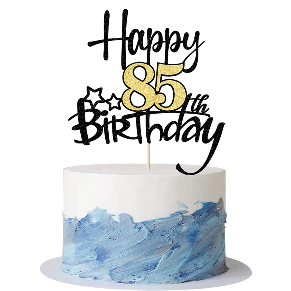Kaoenla Black Gold Glitter Happy 85th Birthday Cake Topper - Hello 85/Cheers85,Happy fourteen Birthday Anniversary,85 years old 