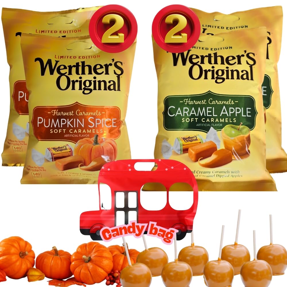 Werthers Original Caramel Apple & Pumpkin Spice - Limited Edition Soft Caramels - 4 Bags - 4.5 x 5 x 1 inches