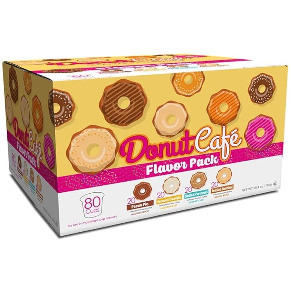 Donut Café - Gourmet Coffee Medium Roast Flavored Variety Pack – Pecan Pie, Coconut Crumble, Salted Caramel, Toasted Hazelnut – Single Serve Coffee Pods For Keurig K Cup Malt-Inspired – 80 Count