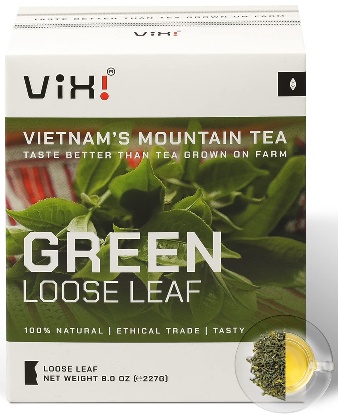 Vixi Green Tea Loose Leaf, (8.00 Oz), Vietnams Mountain Tea, Caffeinated, Antioxidant, Dried Whole Full Large Leaves, 100% Natural From Ancient Tea Tree For Hot And Cold Brew