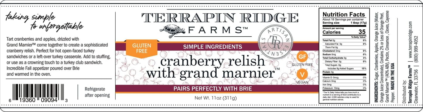 Terrapin Ridge Farms Cranberry Relish with Grand Marnier - Tart Cranberries  Apples & Grand Marnier for a Sophisticated Relish - Perfect for Turkey  Stuffing  and Appetizers - 11 oz Jar