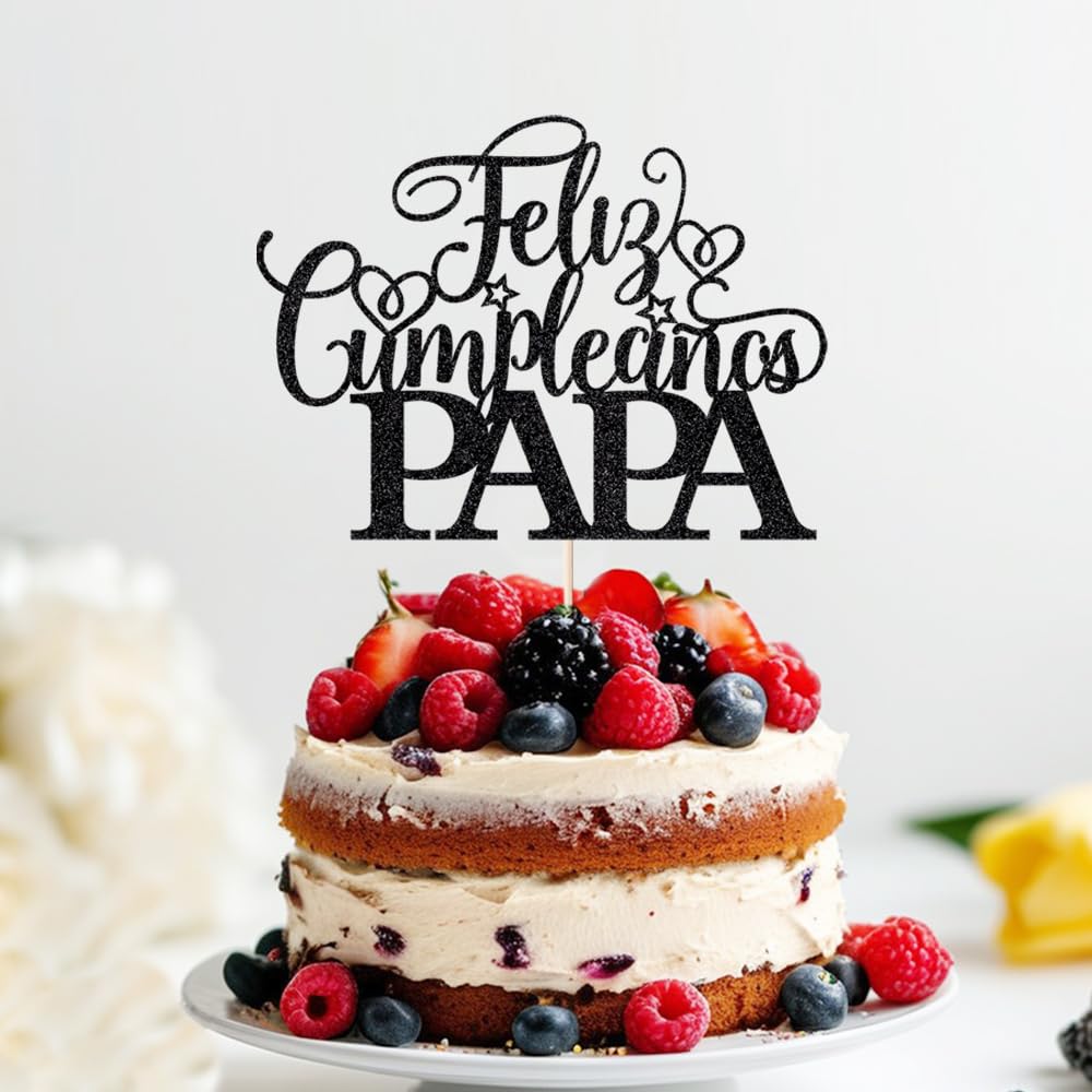 Keoysek Feliz Cumpleanos Papa Cake Topper For Father'S Day Party Decor, Black Glitter Happy Birthday Father Cake Topper, Spanish