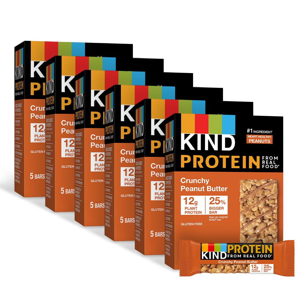 KIND Protein Snack Bar, Crunchy Peanut Butter, 12g Plant Protein, Gluten Free, 1.76 oz, 30 Count