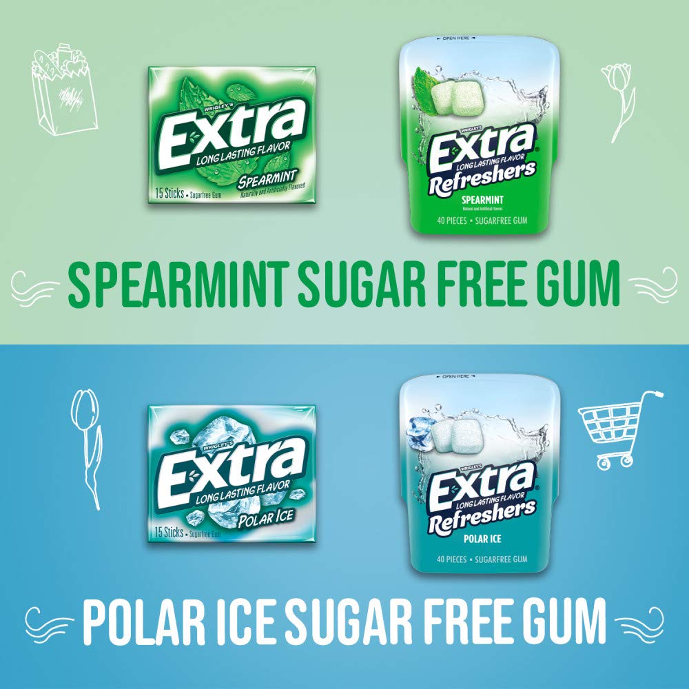 Extra Chewing Gum Bulk Assortment, Sugar Free, Spearmint & Polar Ice, 15 Sticks, 14 Piece Assortment, Green, Model TS0417-A700ML-M