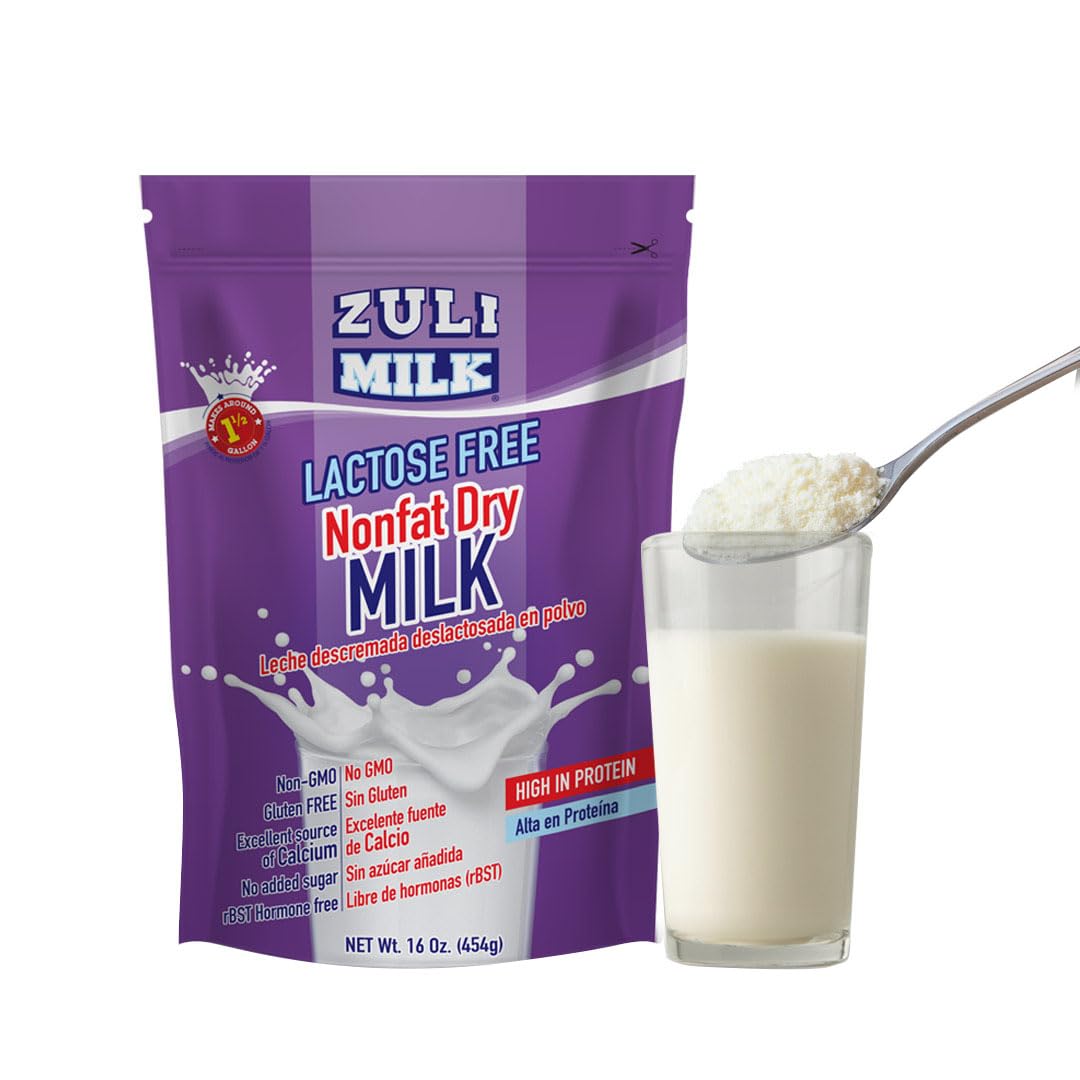 ZULI MILK Nonfat Dry Milk Powder - Fat Free, Lactose Free, Non-GMO, Good Source of Protein & Calcium - 16oz Pack