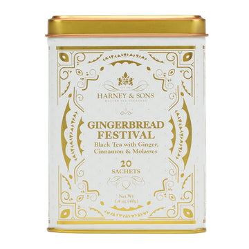 Harney & Sons Gingerbread Festival, Black Tea With Ginger & Cinnamon, 20Ct Sachet Tin