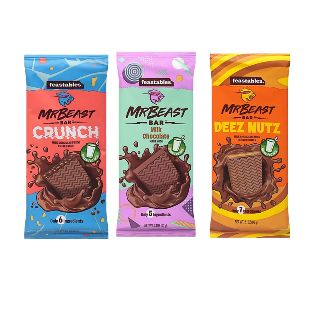 Feastables Mr Beast Chocolate Bars - New Deez Nuts Peanut Butter, New Crunch And Milk Chocolate (3 Pack)