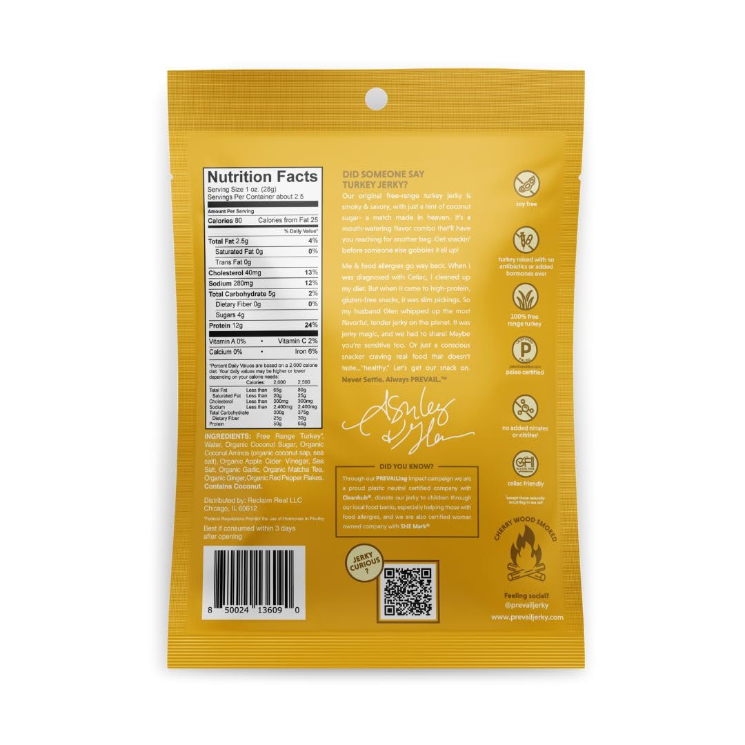 Free-Range Turkey Jerky, By Prevail - Low Sodium And Gluten Free! | Pack Of (3) Bags | | Our Gourmet Jerky Is Paleo Certified, S