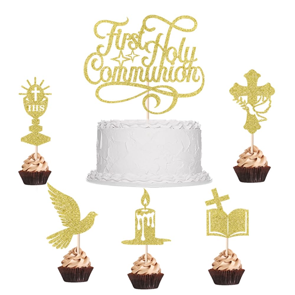 Sleyberoy First Holy Communion Cake Topper, Golden Paper Decoration for Eid, Baptism, Christening, Baby Shower, Birthday