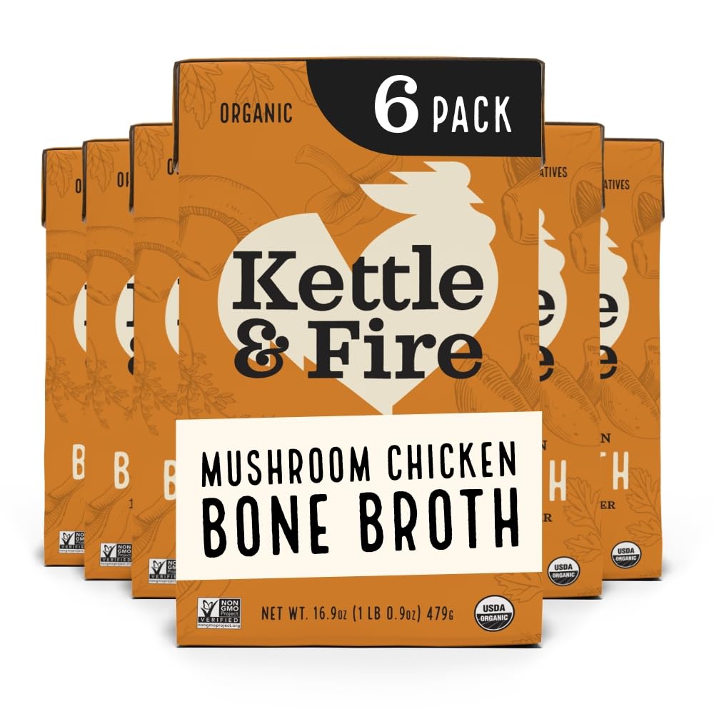 Kettle & Fire Mushroom Chicken Bone Broth, Keto, Paleo, Gluten Free, 16.9 Fl Oz (Pack of 6)
