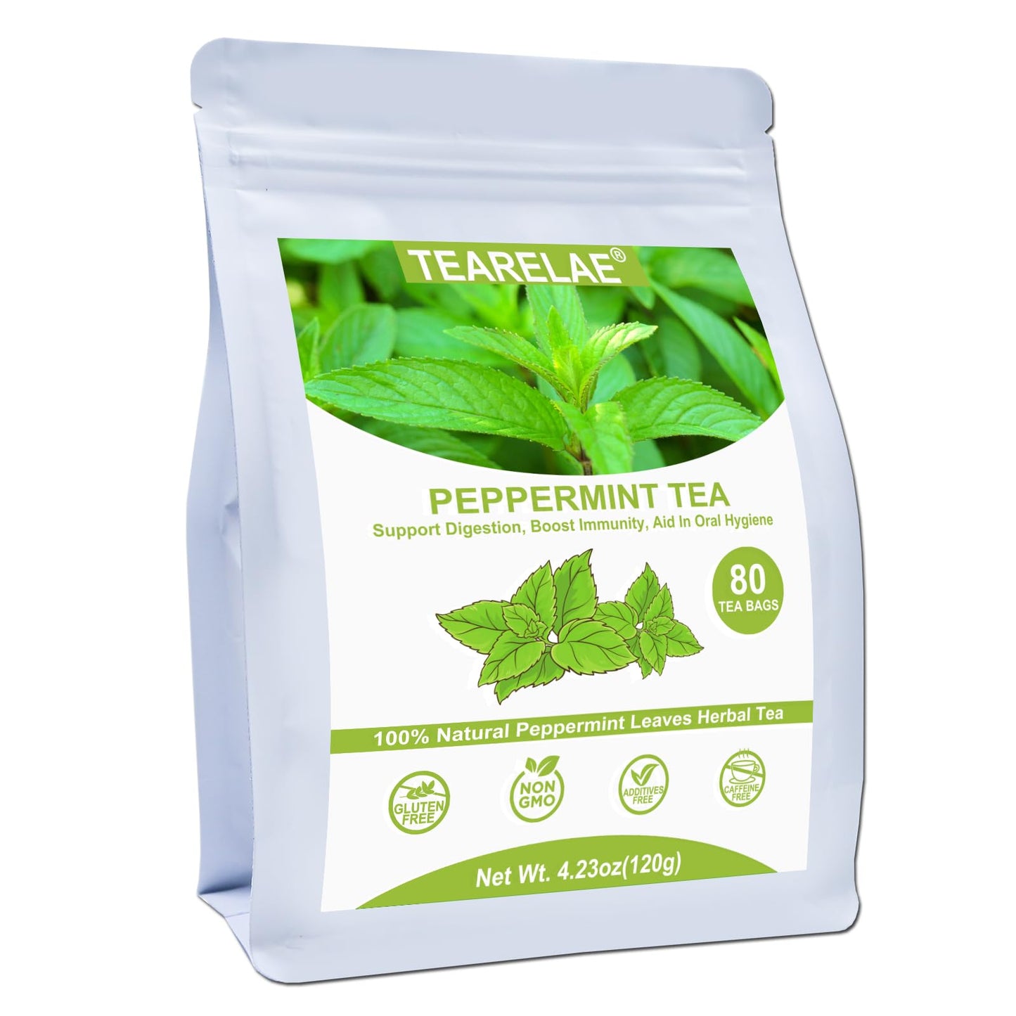 TEARELAE Peppermint Tea Bags - 100% Pure Peppermint Leaves, Non-GMO, Caffeine-Free, 80 Count