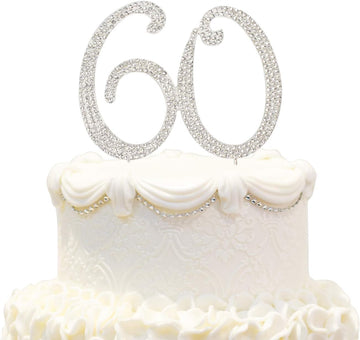 Hatcher lee Bling Crystal Rhinestone 60 Birthday Cake Topper - Best Keepsake | 60th Party Decorations Silver