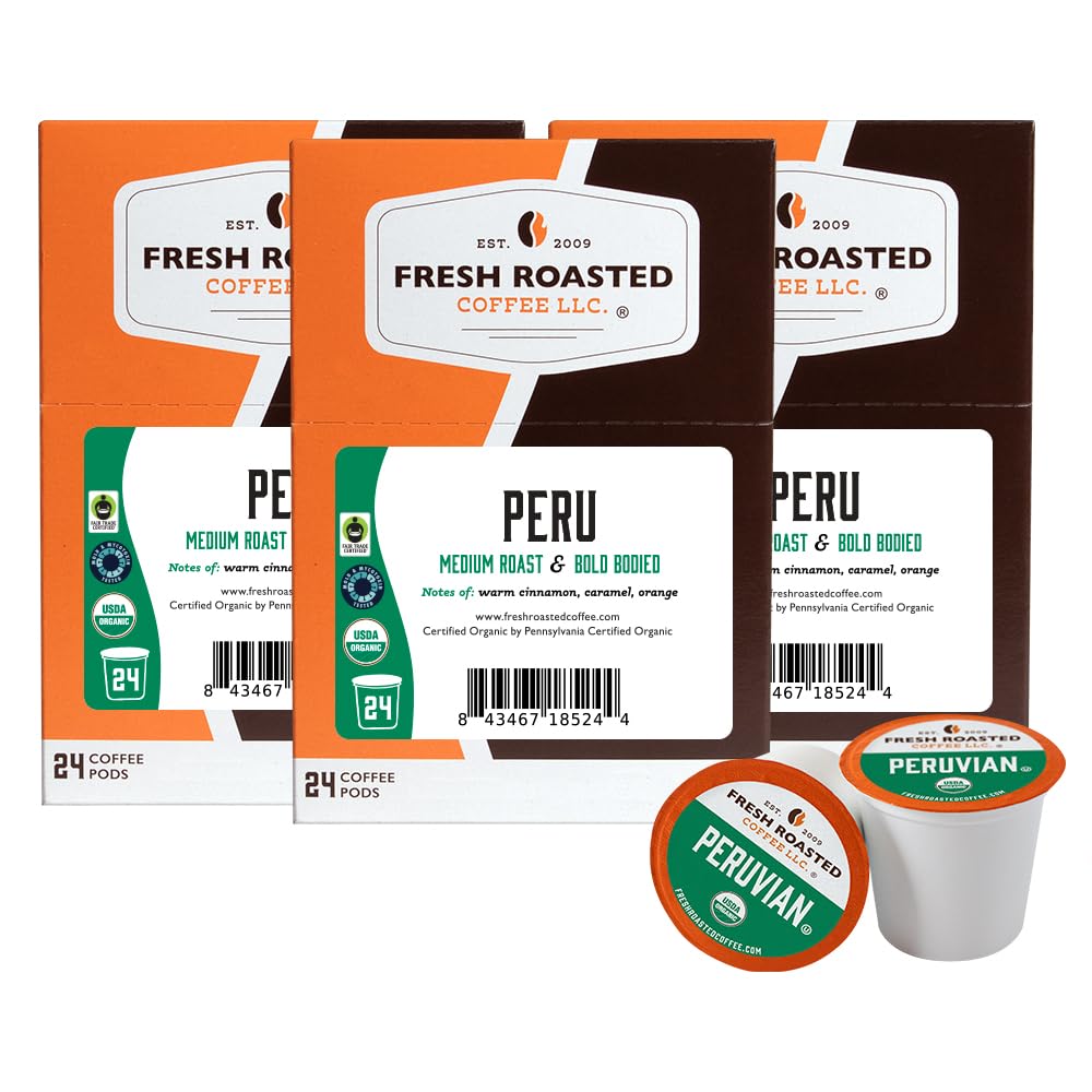 Fresh Roasted Coffee K-Cup Compatible, Organic Peru, Fair Trade, 72 Pods, Brown