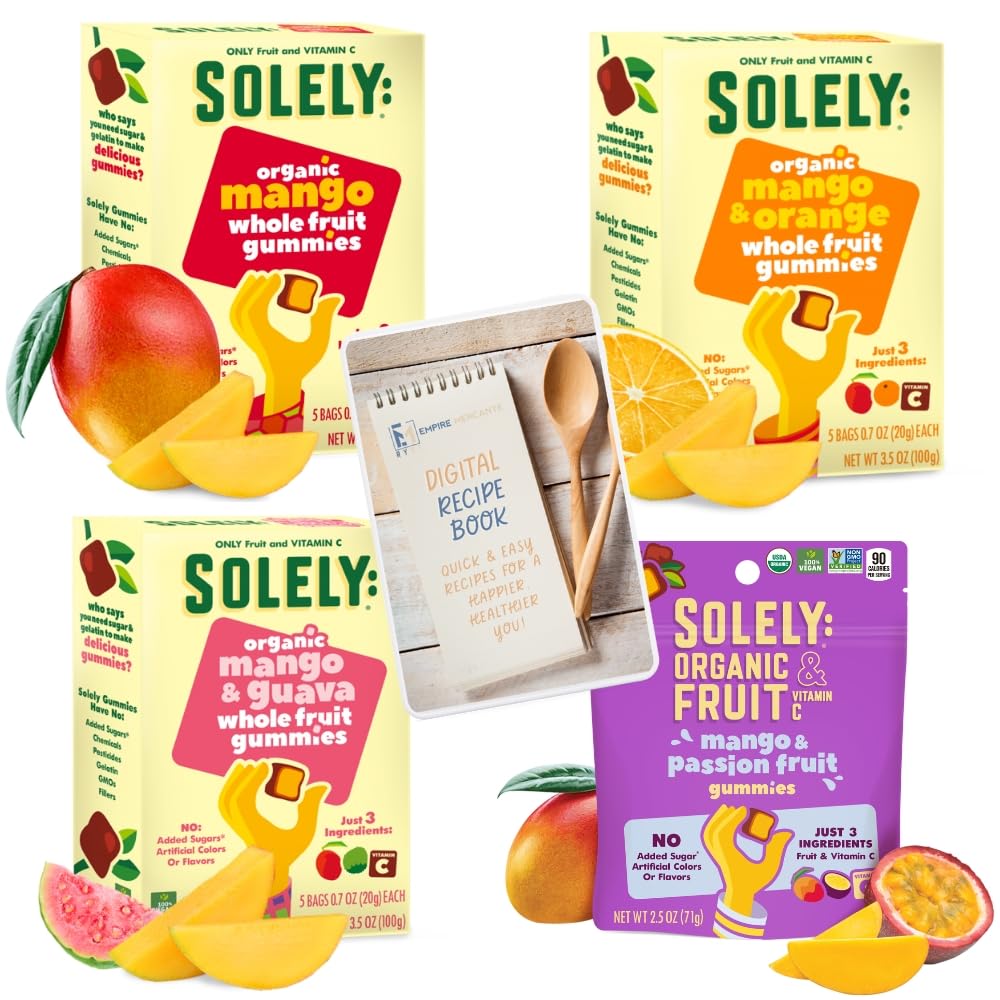 Empire Mercante Healthy Gummies Set with Healthy Recipe Book fit with Solely Fruit Gummies 4pck Variety (Mango, Mango and Orange
