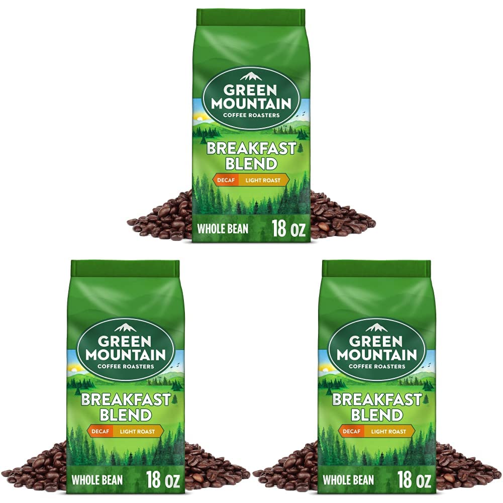 Green Mountain Coffee Roasters Breakfast Blend Decaf, Whole Bean Coffee, Light Roast, Bagged 18 oz (Pack of 3)