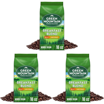 Green Mountain Coffee Roasters Breakfast Blend Decaf, Whole Bean Coffee, Light Roast, Bagged 18 oz (Pack of 3)