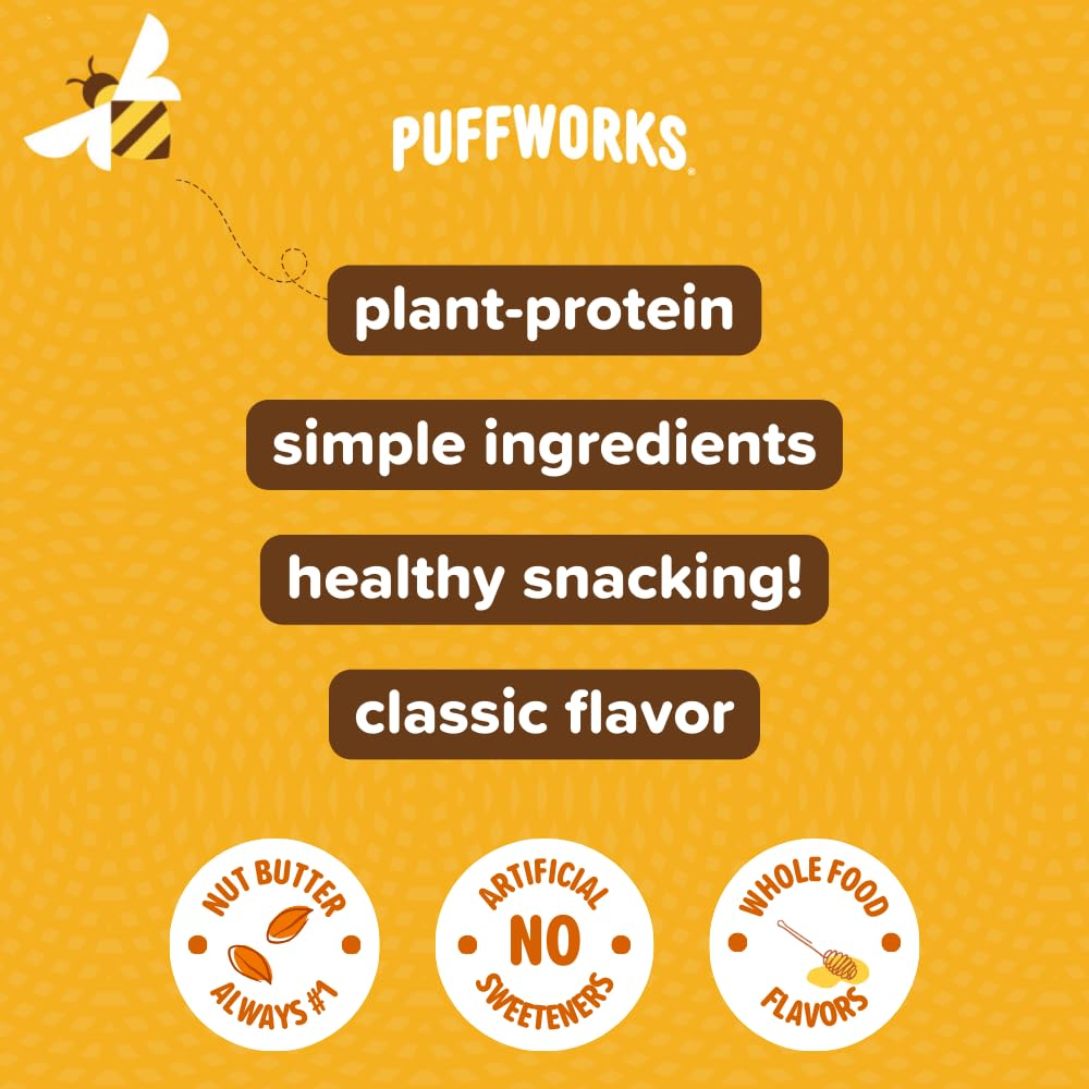 Puffworks Honey Organic Peanut Butter Puffs, 1.2 Ounce (Pack of 6), Plant-Based Protein Snack, Gluten-Free, Dairy Free, Kosher