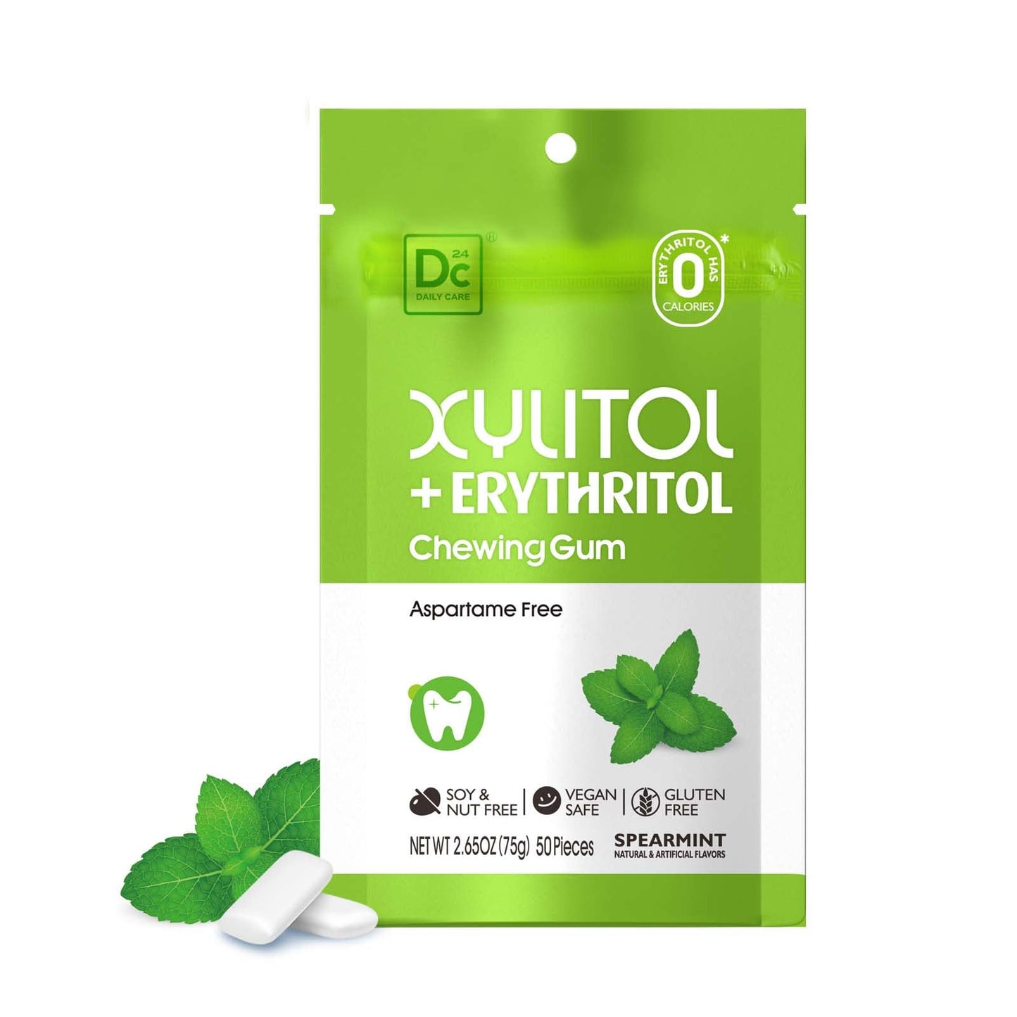 DC24 DAILY CARE Gum, Aspartame Free & Sugar Free, Xylitol Chewing Gum with Erythritol, Low-Calorie, Sugarless, Spearmint, 50 Pie