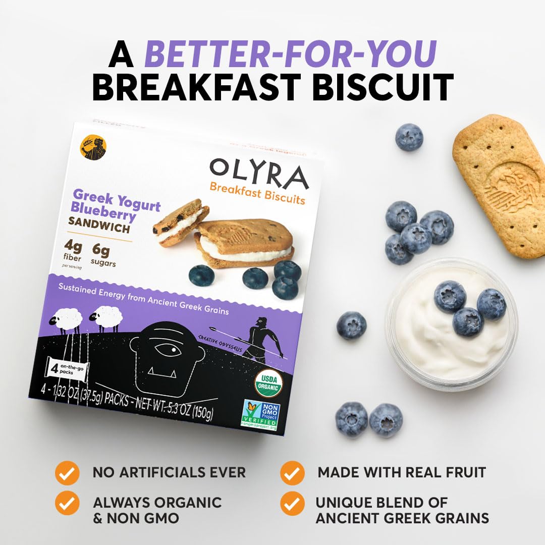 Olyra Greek Yogurt Blueberry Sandwich Breakfast Biscuits, Healthy Snacks for Adults and Kids, Low Sugar, High Fiber, Organic Coo