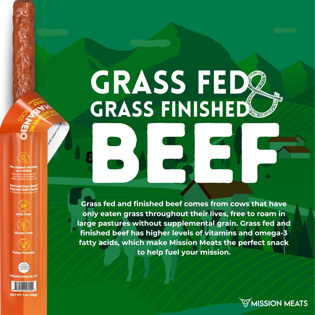Mission Meats Beef Snack Sticks, Keto, Sugar Free, Grass-Fed, Habanero, 1 Ounce (Pack of 12)