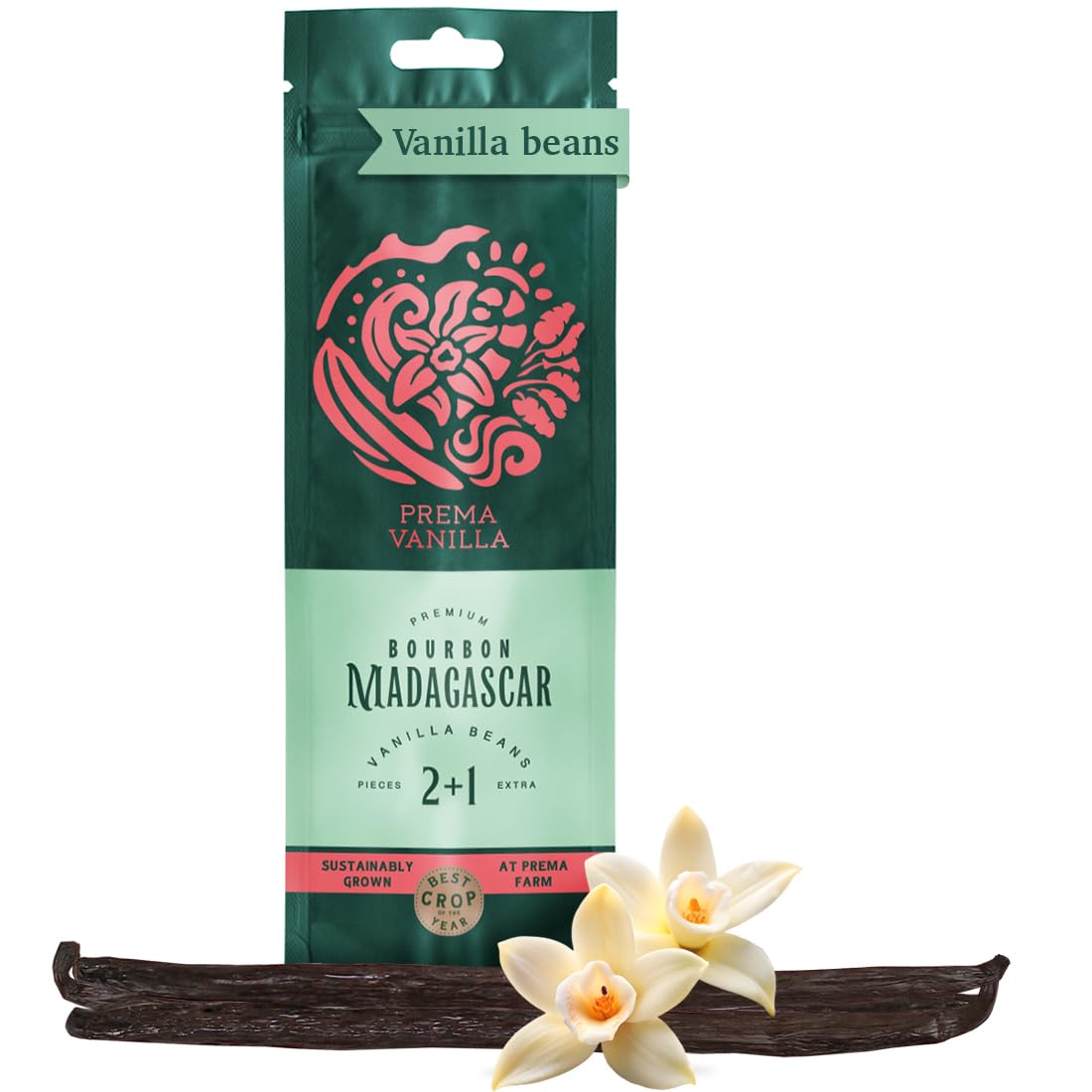 Prema Vanilla Madagascar Vanilla Beans, Grade A Spirit-Inspired Flavor Pods For Making Vanilla Extract, Good For Cooking And Baking, Rich And Intense Aroma, Pack Of 2 Beans Plus 1 Gift Bean