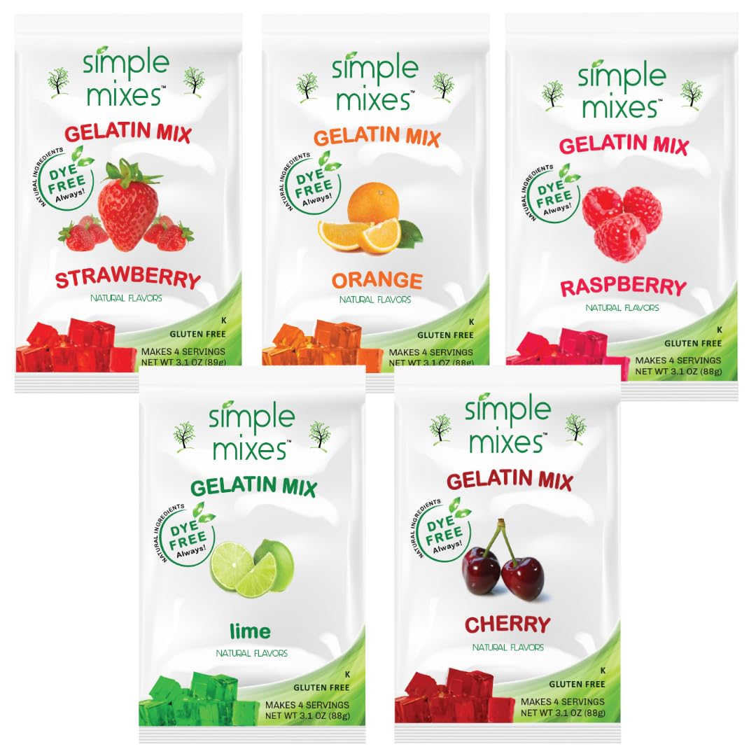 Simple Mixes Natural Gelatin Dessert, Variety Pack, Strawberry, Orange, Cherry, Raspberry & Lime, Healthy Snack, Dye-Free, No Gl